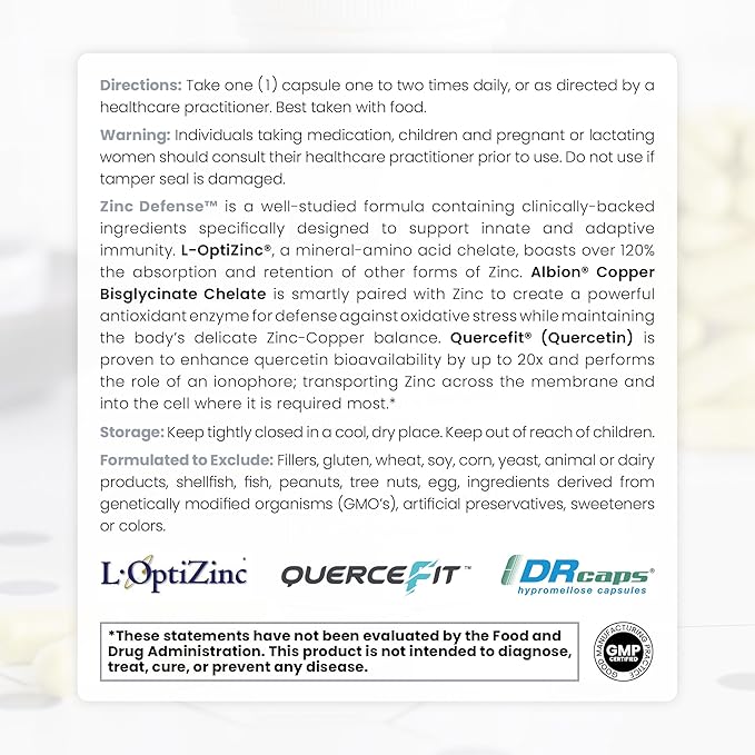 Zinc Defense | Zinc + Copper + Quercetin | 60 Servings in Vegan Capsules | L-OptiZinc & Quercefit Ionophore | Chelated Minerals | Immune, Gut, & Hormonal Balance Support