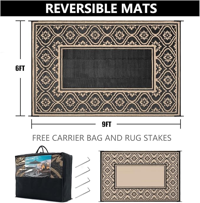 Plastic Outdoor Rug 6'x9' Waterproof Camping Carpet Outside Area Rug Reversible Brown Rugs for RV Deck Entryance Porch Picnic Balcony Beach