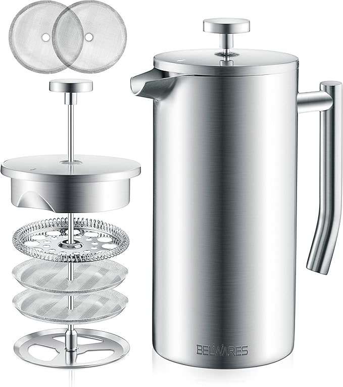 Belwares French Press Coffee Maker - 34 oz Double-Wall Insulated Coffee Press with 4-Level Filtration System, Stainless Steel 1 Liter - Perfect for Camping, Home, or Office