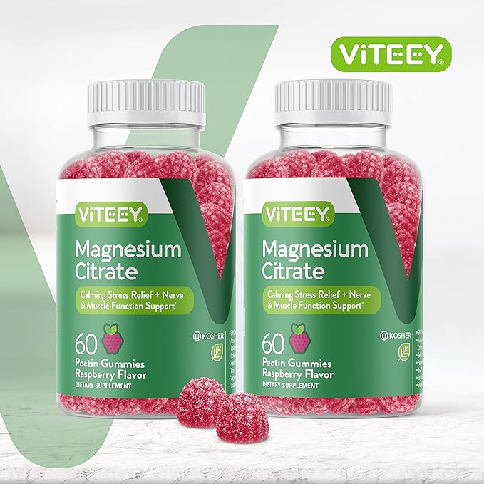 Magnesium Citrate Gummies for Adults & Teens - 66mg, Supports Calm Mood, Optimal Relaxation, Muscle Function - Vegetarian, Gelatin Free, GMO Free - Tasty Chewable Raspberry Flavored Gummy