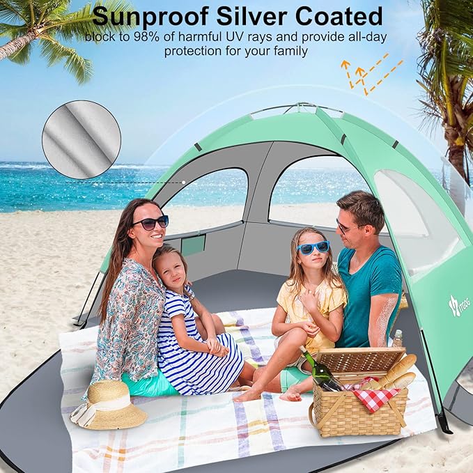 Beach Tent Sun Shelter for 3-4Person, Lightweight Beach Tent with UV Protection, 3 Mesh Roll Up Windows & 8.0mm Fiberglass, Easy Assemble
