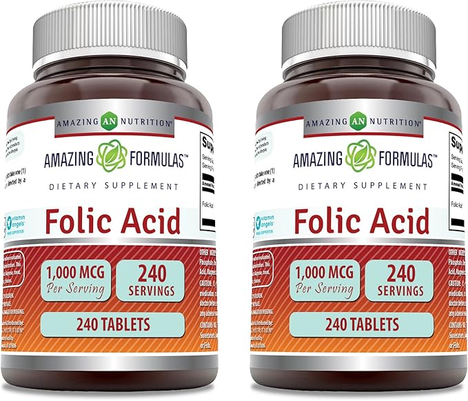 Amazing Formulas Folic Acid 1000 mcg (1 mg) Tablets Supplement | Vitamin B9 | Non-GMO | Gluten Free | Made in USA (240 Count | 2 Pack)
