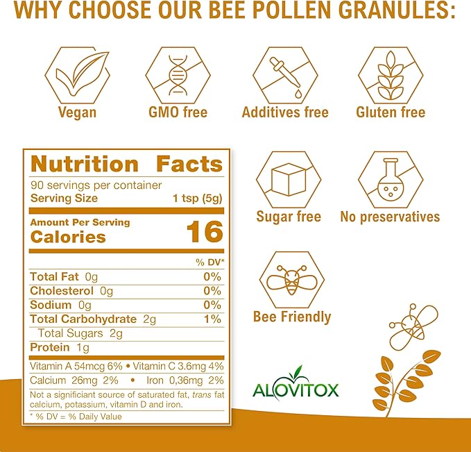 Alovitox Bee Pollen Granules 8 Oz | 100% Pure, Organic Bee Pollen for Bearded Dragons | Superfood Packed Bee Pollen Organic with Antioxidant, Protein, Vitamin & More | Nutritional Yeast & Gluten Free