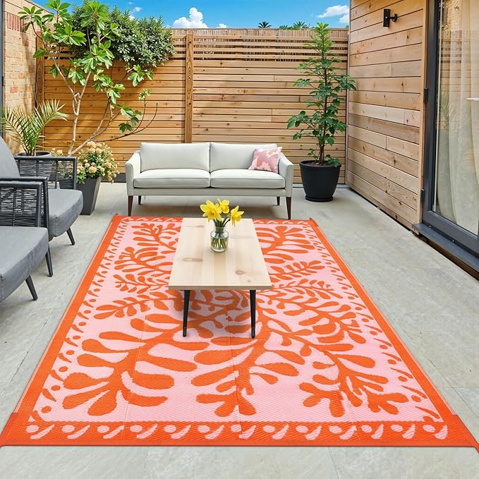 Anidaroel 6'x9' Outdoor Rug for Patio, Reversible Waterproof Patio Rug, Outdoor Plastic Straw Rug Outside Area Rug, RV Mat for Camping, Porch, Balcony, Pool Deck, Backyard (Orange, 6’x9')