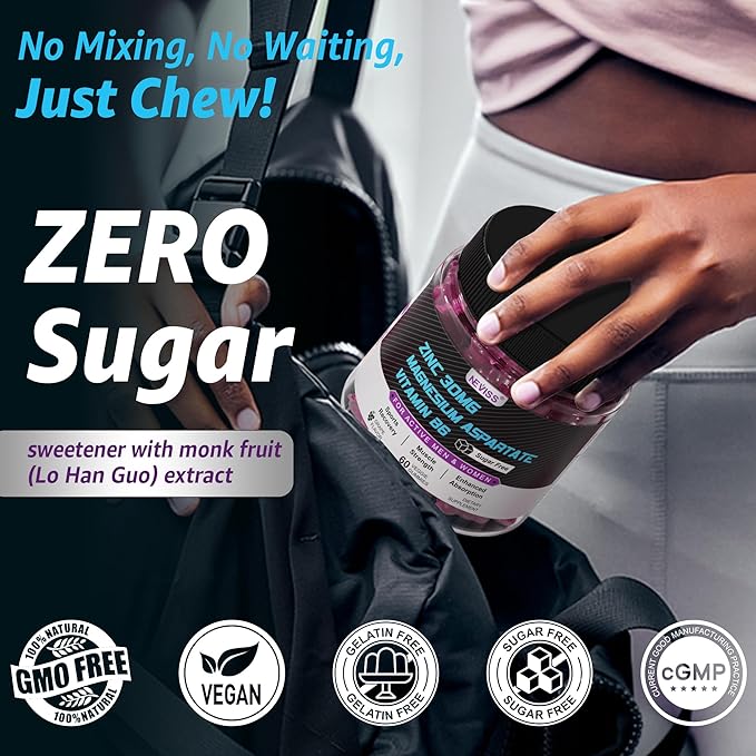 Zinc and Magnesium Supplement, Zinc Magnesium Aspartate Post Workout Gummies for Men Women, w/Vitamin B6, B12, D3, Turmeric for Nighttime Muscle Recovery, Boost Immunity & Sleep, Sugar Free, 120 Cts
