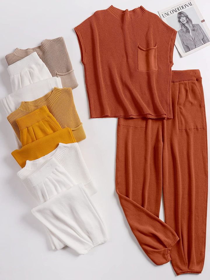 ANRABESS Women's Two Piece Outfits Knit Sweater Pullover Crop Top & Pants Lounge Matching Tracksuit Sweatsuit Sets 2024 Trendy Loungewear Clothes Rust Small