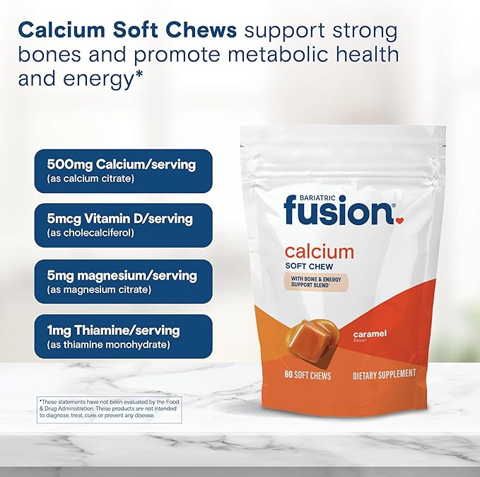 Bariatric Fusion Bariatric Calcium Chews | Calcium Citrate with Vitamin D3 Calcium Supplement Bariatric Vitamin | Sugar Free Calcium Citrate Chewable | Calcium Citrate 500mg | Caramel | 60 Count