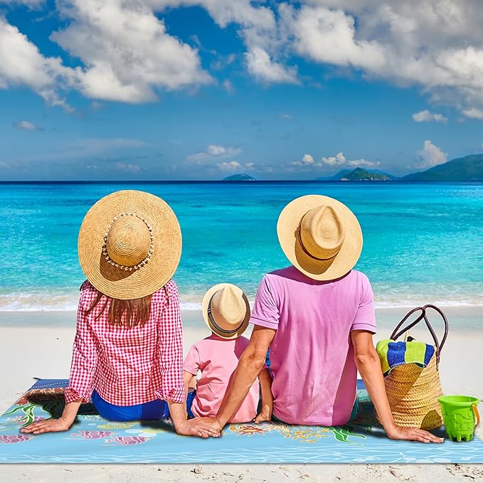 Beach Blanket Waterproof Sandproof Large Beach Mat 83" X 106" for 3-5 Adults Sand Free Mat Quick Drying,Lightweight & Durable with 4 Stakes & 4 Corner Pockets for Beach Camping