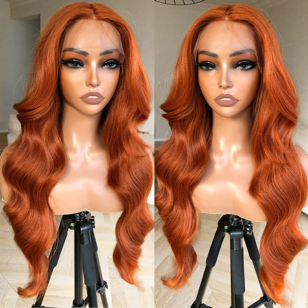 Blackswern Ginger Wig Ginger Orange Body Wave Lace Front Wig, Glueless Lace Wig, Pre-Plucked Pre-Layered Body Wave Wig With Curt
