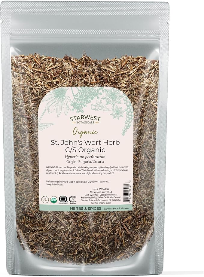 Starwest Botanicals Organic Dried St. John's Wort - Loose Leaf Herb for Tea, Made from St. John's Wort Flower, Supports Relaxation, Cut & Sifted, Certified Kosher, Non-GMO - 4 oz Pouch