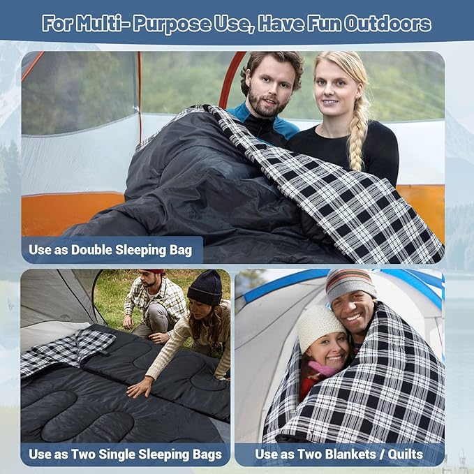 Cotton Flannel Double Sleeping Bag for Adults Machine Washable 2 Person Camping Sleeping Bag Queen Size Waterproof with Compression Sack for Cold Weather 3-4 Seasons