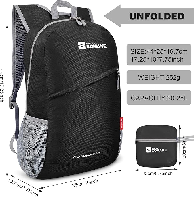 ZOMAKE Lightweight Packable Backpack 20L, Foldable Backpacks Small Daypack for Hiking Water Resistant Day Bag for Travel