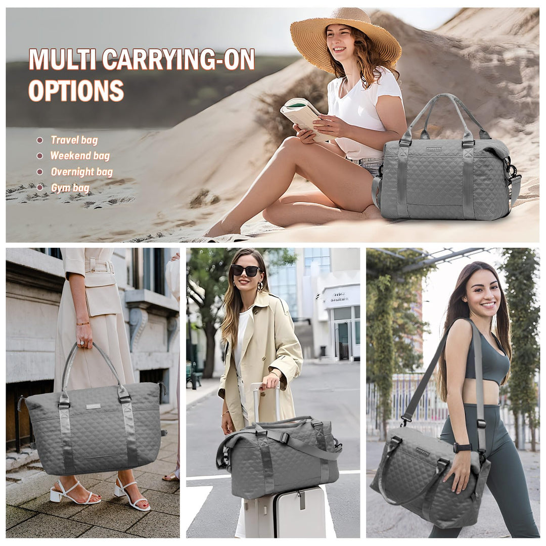 FIORETTO Women's Water-Resistant Travel Gym Duffle Bag with Detachable Strap, Multi-Functional, Ideal for Travel, Gym, Sports, Weekender, DUffel, with Toiletry Bag, Grey