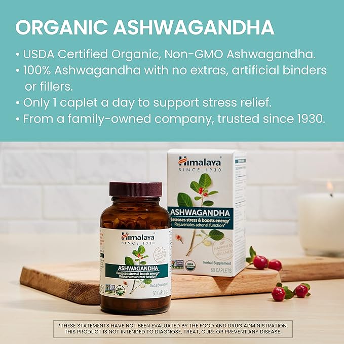 Himalaya Organic Ashwagandha, 60 Day Supply, Herbal Supplement for Stress Relief, Energy Support, Occasional Sleeplessness, Organic, Non-GMO, Vegan, Gluten Free, 670 mg, 60 Caplets
