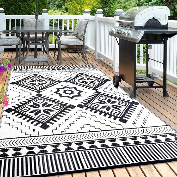 Waterproof Outdoor Rug 9x12ft, Boho Reversible Plastic Straw Mat for Patio RV Deck Porch Backyard Balcony Camping Picnic Beach Indoor Outdoor Carpet, Black&White