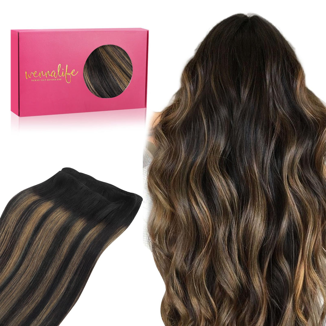 Wennalife Sew In Hair Extensions Real Human Hair, 18 Inch 90G Balayage Natural Black To Chestnut Brown Machine Weft Hair Extensi