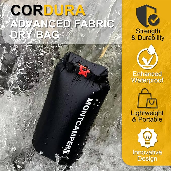 Waterproof Dry Bag-Upgraded Tear-resistant CORDURA Fabric-Durable&Lightweight Roll Top Dry Sack with Survival Whistle-Perfect for Hiking, Camping, Kayaking&Beach-Float on Water(35L/Black)