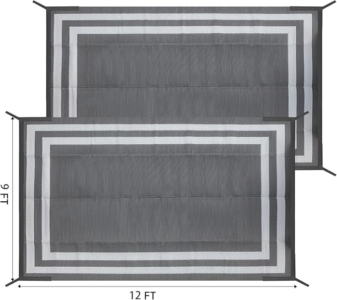 9'x 12' Outdoor Rug,Waterproof Reversible Patio Rugs,9x12 ft Plastic Straw Outdoor Carpet Foldable Plastic Camping Mat for Outside RV, Patio,Picnic,Camper,Balcony,Porch(Gray&White)