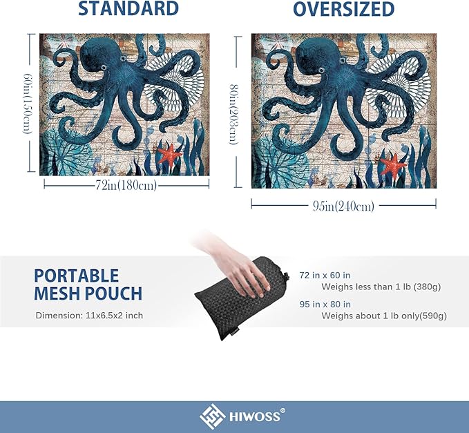 Beach Blanket Waterproof Sandproof Oversized 95”x 80”,Sand Free Beach Mat with Corner Pockets,Portable Mesh Bag for Beach Festival,Picnic,Travel and Outdoor Camping (Octopus)