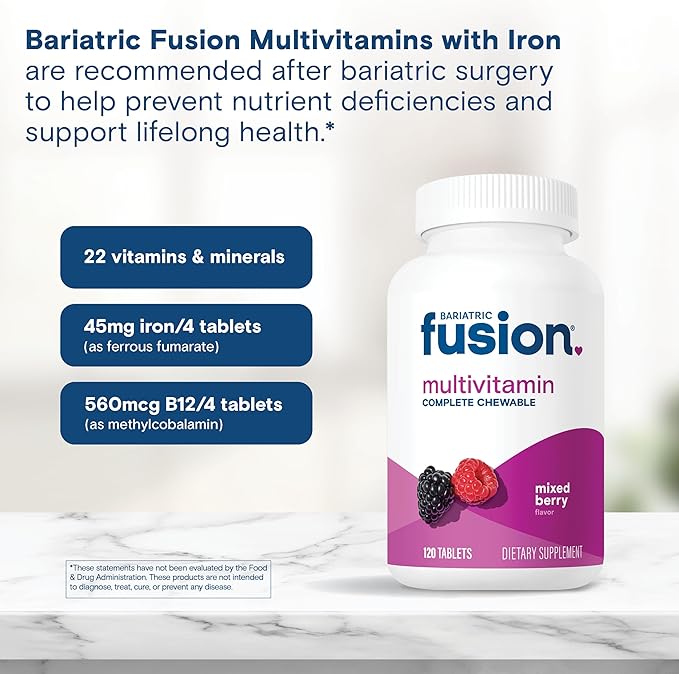 Bariatric Fusion Bariatric Multivitamin with Iron Complete Chewable | Mixed Berry | Post Bariatric Vitamins for Gastric Bypass and Sleeve Gastrectomy | One Month Supply