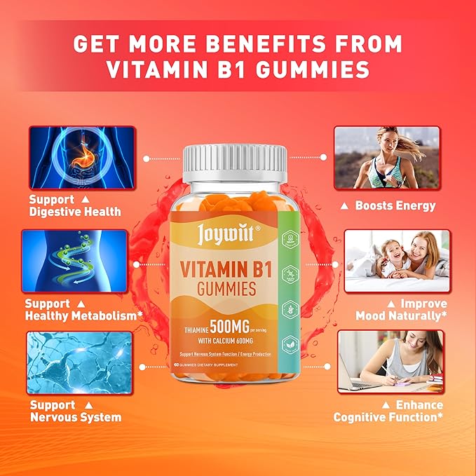 Vitamin B1 Gummies 500mg, Chewable Thiamine B1 Supplement for Adults, with 600mg Calcium Citrate, Support Nervous System, Vegan, Natural Orange Flavor