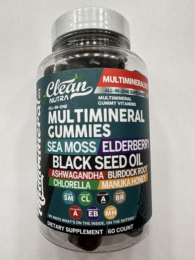 Clean Sea Moss Gummies | Black Seed Oil Ashwagandha, Elderberry, Burdock Root, Chlorella, Manuka Honey - Vegan Irish Sea Moss Gummy Vitamins For Adults Kids Men Women - Multimineral Green Apple Flavor