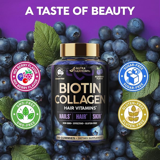 Biotin Gummies with Collagen - Hair Growth Support Skin, & Nail Strength - for Women & Men - Biotin 10000mcg | Keratin | Hyaluronic Acid | B-Complex | Saw Palmetto - Sugar-Free, Blueberry - 60 Gummy