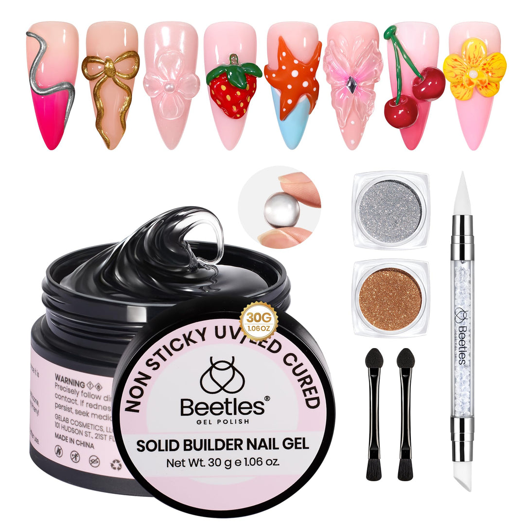 Beetles Solid Builder Gel for Nails, 30g Clear Hard Gel Non-Sticky Sculpting Gel, 3D Gel Nail Art Building Gel with Chrome Nail Powder, Nail Art Sculpture Pen Gift for Women