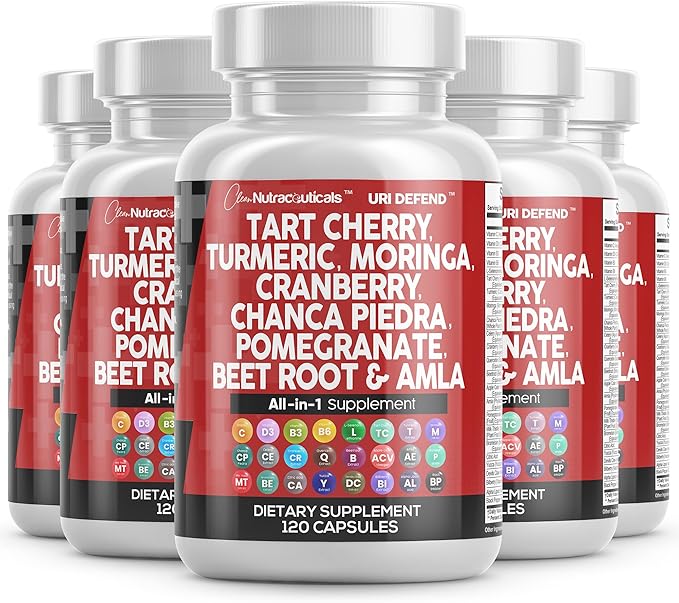 Clean Nutraceuticals Tart Cherry Extract Capsules with Turmeric Moringa Cranberry Chanca Piedra Celery Quercetin ACV Pomegranate L Selenomethionine - 5pack
