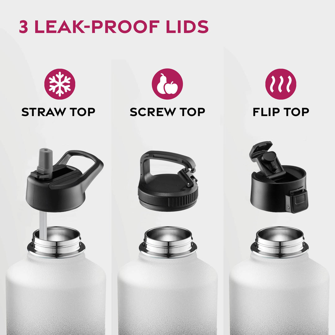 FineDine Triple Walled, Insulated Water Bottles with Straw - 64 Oz Stainless Steel Metal Bottle W/ 3 Leak Proof Lids - For Travel, School, Sports, Gym / Men, Women & Kids - Dreamy Black-White