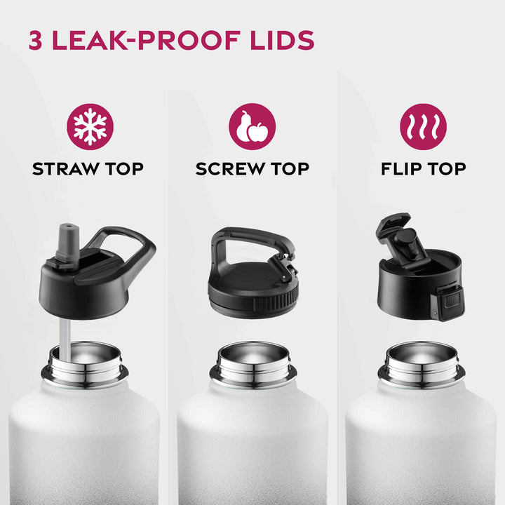 FineDine Triple Walled, Insulated Water Bottles with Straw - 64 Oz Stainless Steel Metal Bottle W/ 3 Leak Proof Lids - For Travel, School, Sports, Gym / Men, Women & Kids - Dreamy Black-White