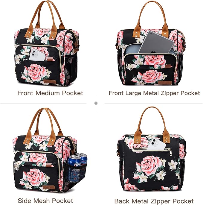 TuErCao Lunch Box for Women Adult Insulated Lunch Bag for Female Teacher Nurse Mom, Fashion Ladies Lunch Tote Bag for Work, Peony