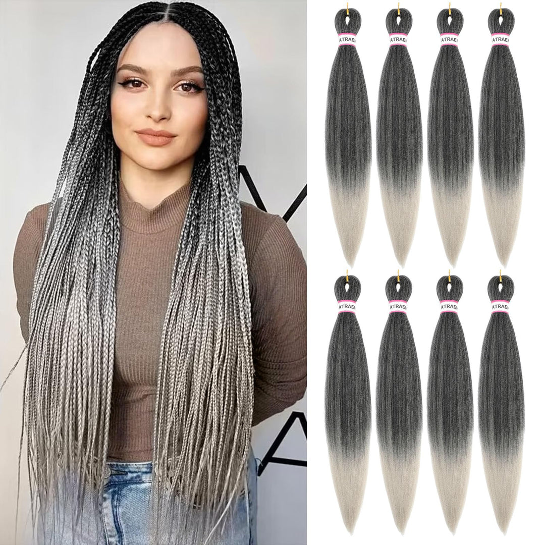 Pre Stretched Braiding Hair For Women, Briaiding Hair Pre Stretched 26 Inch 8 Packs Ombre Grey Hair Braiding For Box Braids Godd