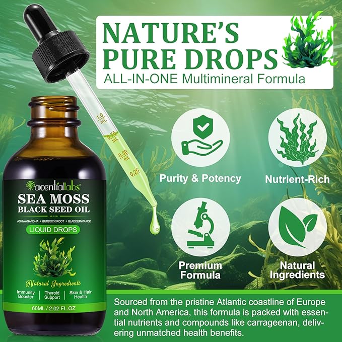Sea Moss Liquid Drops - Irish Sea Moss with Burdock Root, Black Cumin, Bladderwrack, Ashwagandha - Essential Minerals Seamoss Supplement for Immune, Joint, Digestion, Aging Support