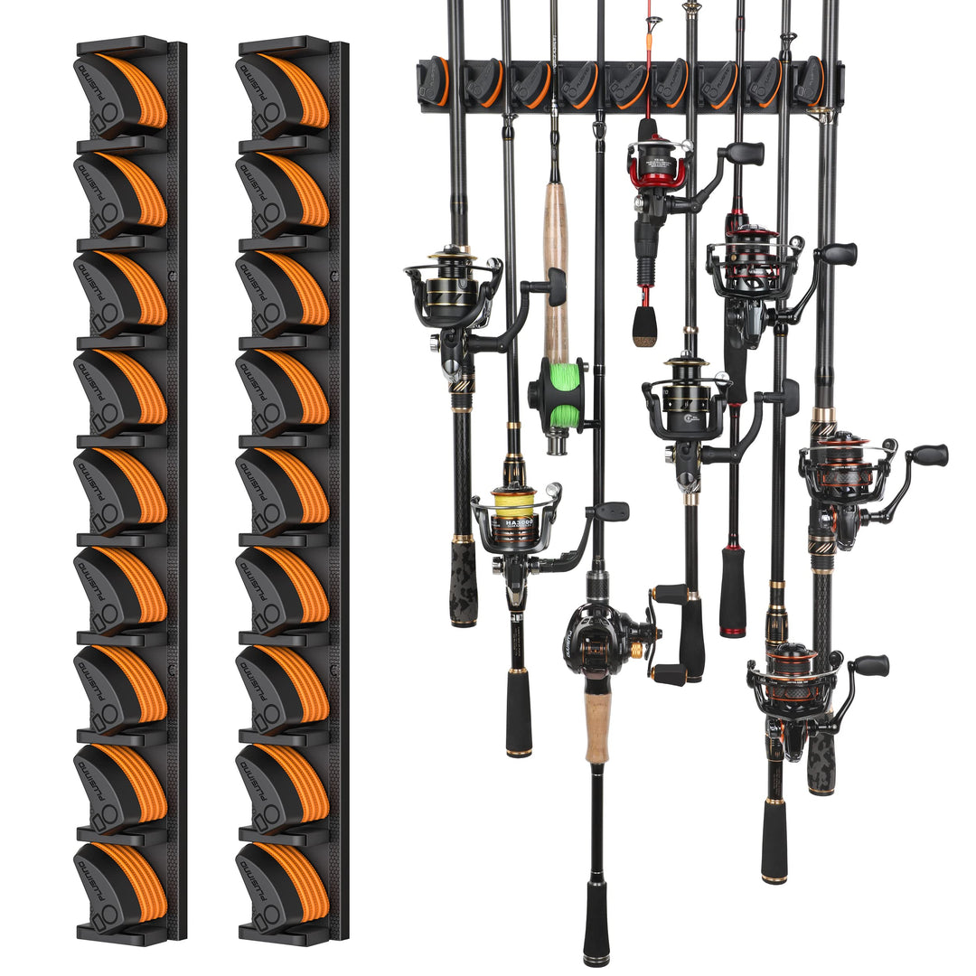 PLUSINNO V9 Vertical Fishing Rod Holders, 2 Packs Wall Mounted Fishing Pole Holders, Fishing Rod Racks Hold Up to 18 Rods or Combos, Fishing Pole Holders for Garage, Fits Most Rods of Diameter 3-19mm