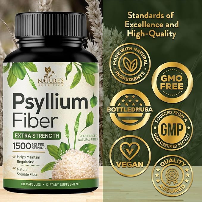 Psyllium Husk Fiber Supplement 1500mg, Natural Daily Soluble & Insoluble Fiber Pills, Psyllium Husk Powder Capsules Supports Digestion Colon Health & Regularity, Plant Based Supplement - 60 Capsules