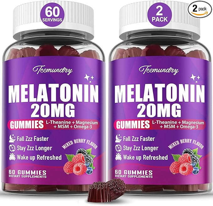 Melatonin Gummies 20mg for Adults - Maximum Strength Melatonin Gummies with L-Theanine, Magnesium, Omega-3, MSM, D3 & Zinc - Non-Habit Forming, Vegan, Non GMO, Natural Mixed Berry Flavor