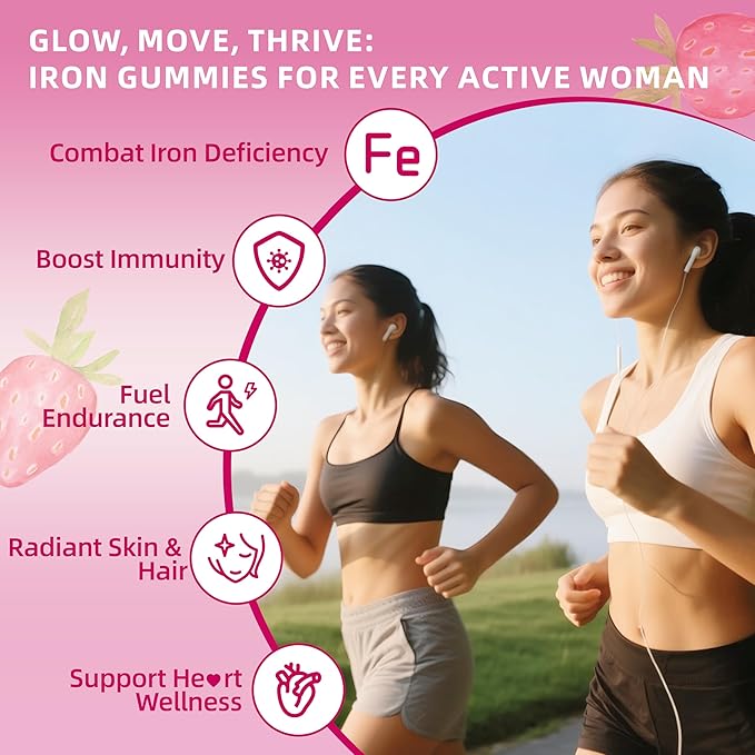 Iron Gummies for Women - Strawberry Flavored Blood Builder Iron Supplement with Vitamin C,E, B & Folic Acid - Health Blood & Energy Support for Iron Deficiency - Gentle Support, Daily Wellness|60 ct