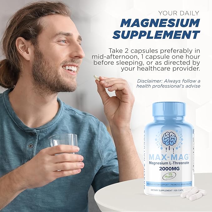 Max-Mag Magnesium L-Threonate Capsules - Magtein Magnesium L-Threonate 2000mg with Vitamin D3 and K2 for Brain, Sleep, & Mood – 105 Easy-to-Swallow Capsules