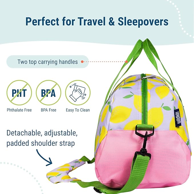 Wildkin Kids Overnighter Duffel Bag – Carry-On Size, Ideal for School & Sleepovers – Lilac Lemonade