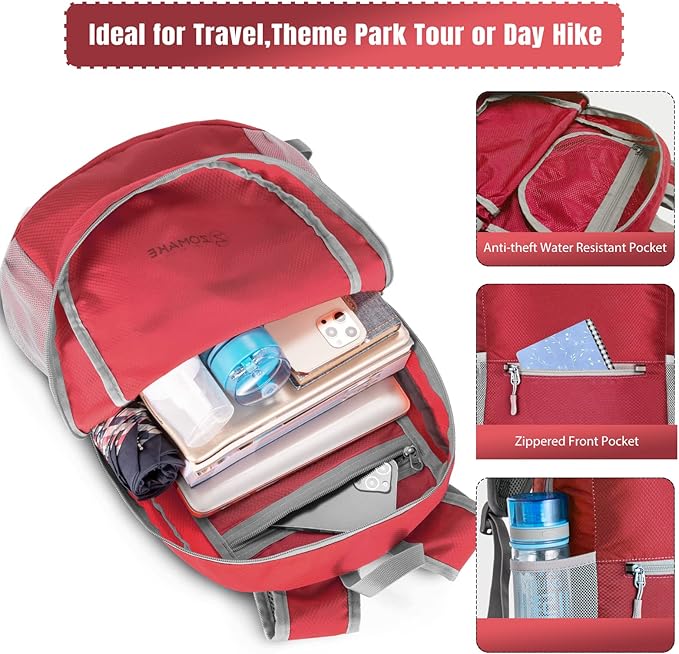 ZOMAKE Ultra Lightweight Hiking Backpack 20L, Packable Small Backpacks Water Resistant Daypack for Women Men(Bright Red)