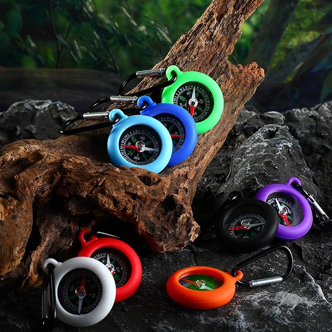 24 Pcs Small Compass Keychain Kids Bulk Mini Camping Carabiner Compass for Outdoor Hiking Military Hunting Climbing Party Backpacking Accessory