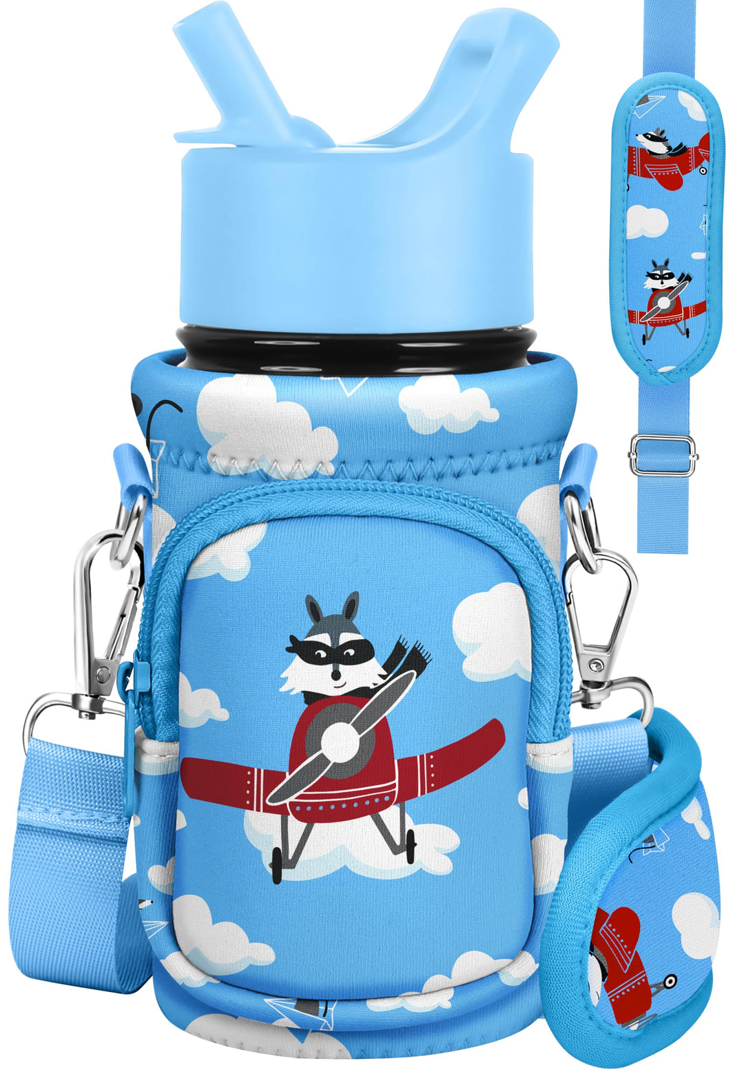 Water Bottle Carrier with Strap Cartoon Water Bottle Bags Holder for Kids Boys Girls Neoprene Insulated Bottle Bag for 10/12/14/16/18Oz Stainless Steel Glass Bottles Sleeve, Airplane Raccoon