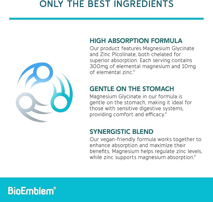 BioEmblem Magnesium Glycinate with Zinc - 300mg Chelated Magnesium Supplement - High Absorption Vegan Non-GMO 2-in-1 Complex - Immune Support, Muscles, Nerves - 90 Capsules
