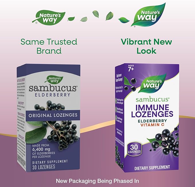 Nature's Way Sambucus Immune Lozenges, with Vitamin C, Black Elderberry Extract, Immune Support*, 30 Lozenges (Packaging May Vary)