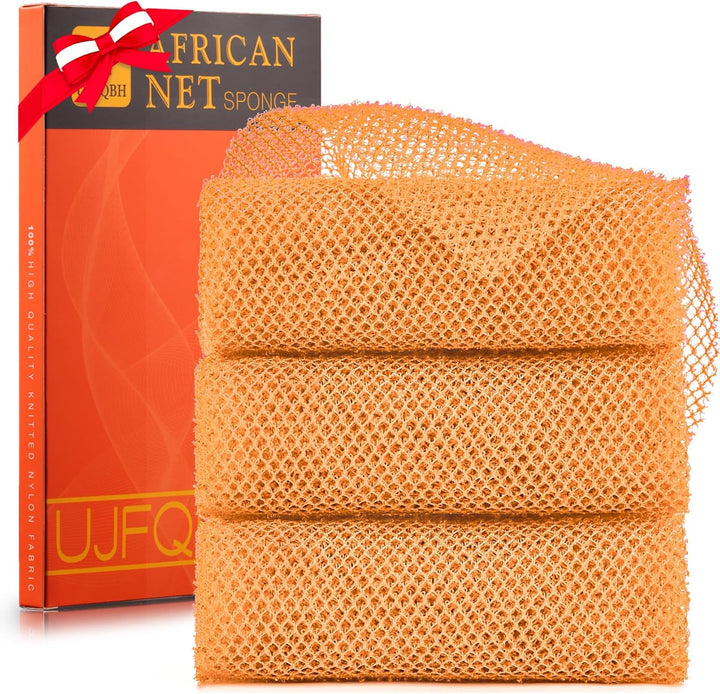 3-Piece African Net Bath Sponge Set | Exfoliating Body Scrubber | Black, Blue, Brown