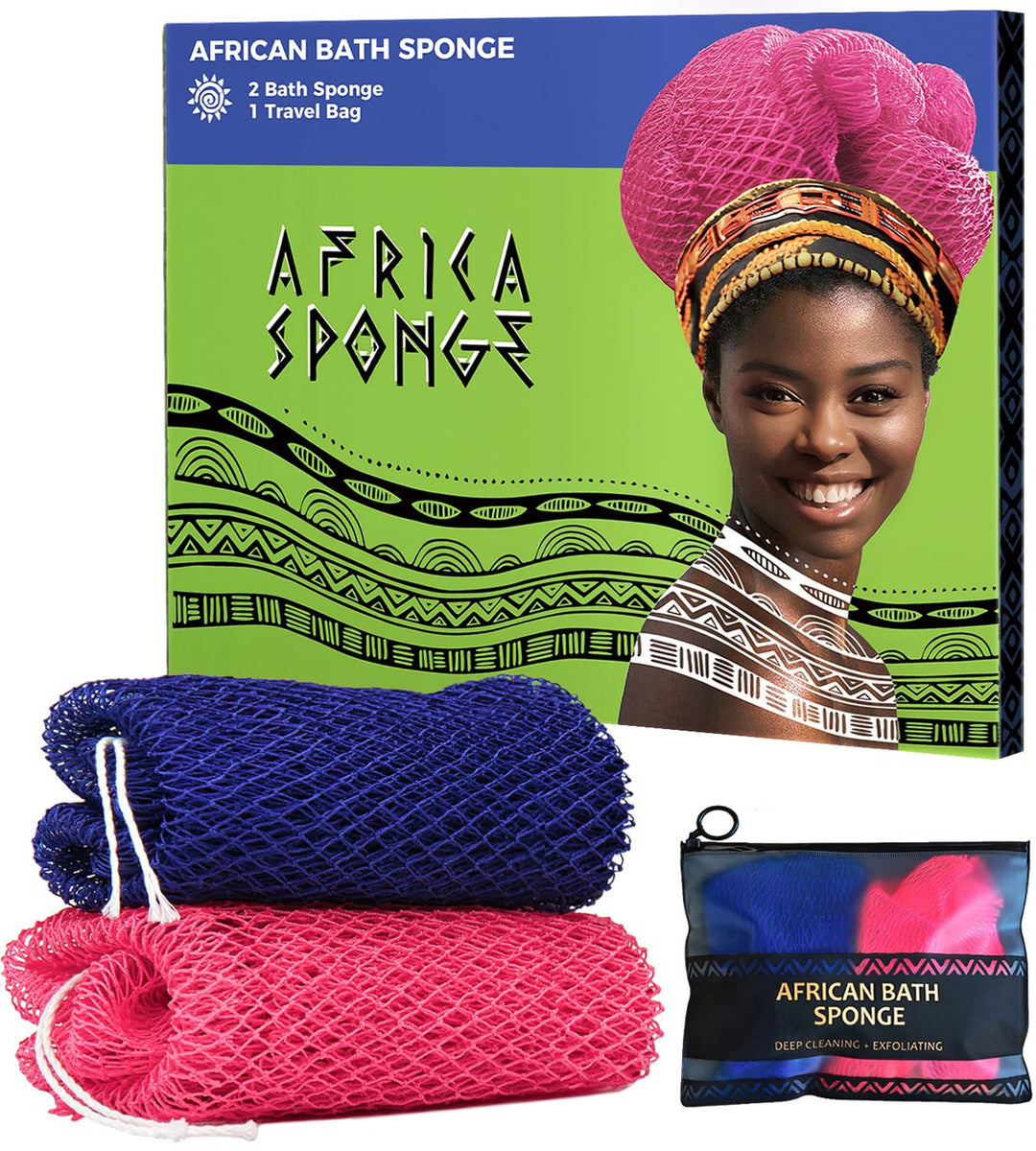African Net Loofah Sponge - 2 Pieces Black Owned Authentic Body Sponges - Exfoliating Wash Cloths for Showering Pink & Blue - Back Scrubber Exfoliator Shower Sponge for Body Bath Accessories