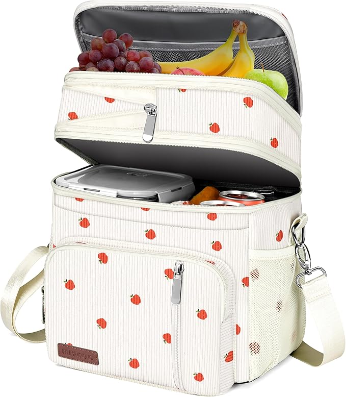 MIYCOO Lunch Bag & Lunch Box for Women Men Double Deck - Leakproof Insulated Soft Large Adult Lunch Cooler Bag for Work (Corduroy Apple, 15L)