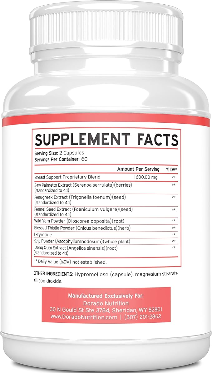 DORADO NUTRITION Breast Support Pills for Women (120 Count) - Boob & Bust Support Supplement - Fenugreek, Saw Palmetto, L-Tyrosine, Dong Quai & Fennel Seed Extract Gluten Free, Non-GMO - (120 Vegan)