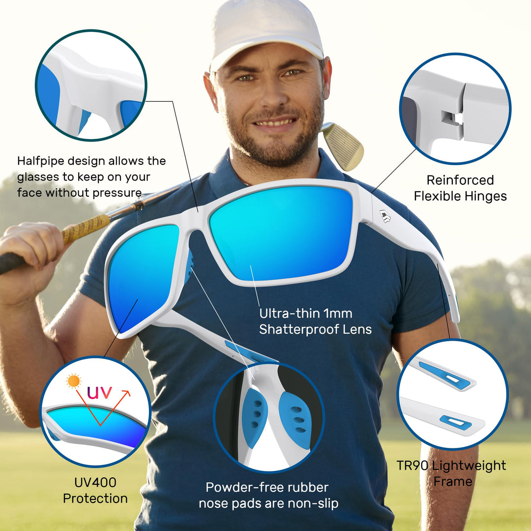 TOREGE Polarized Sports Sunglasses for Men and Women Cycling Running Golf Fishing Sunglasses TR26 (Bright White & Ice Blue Lens)